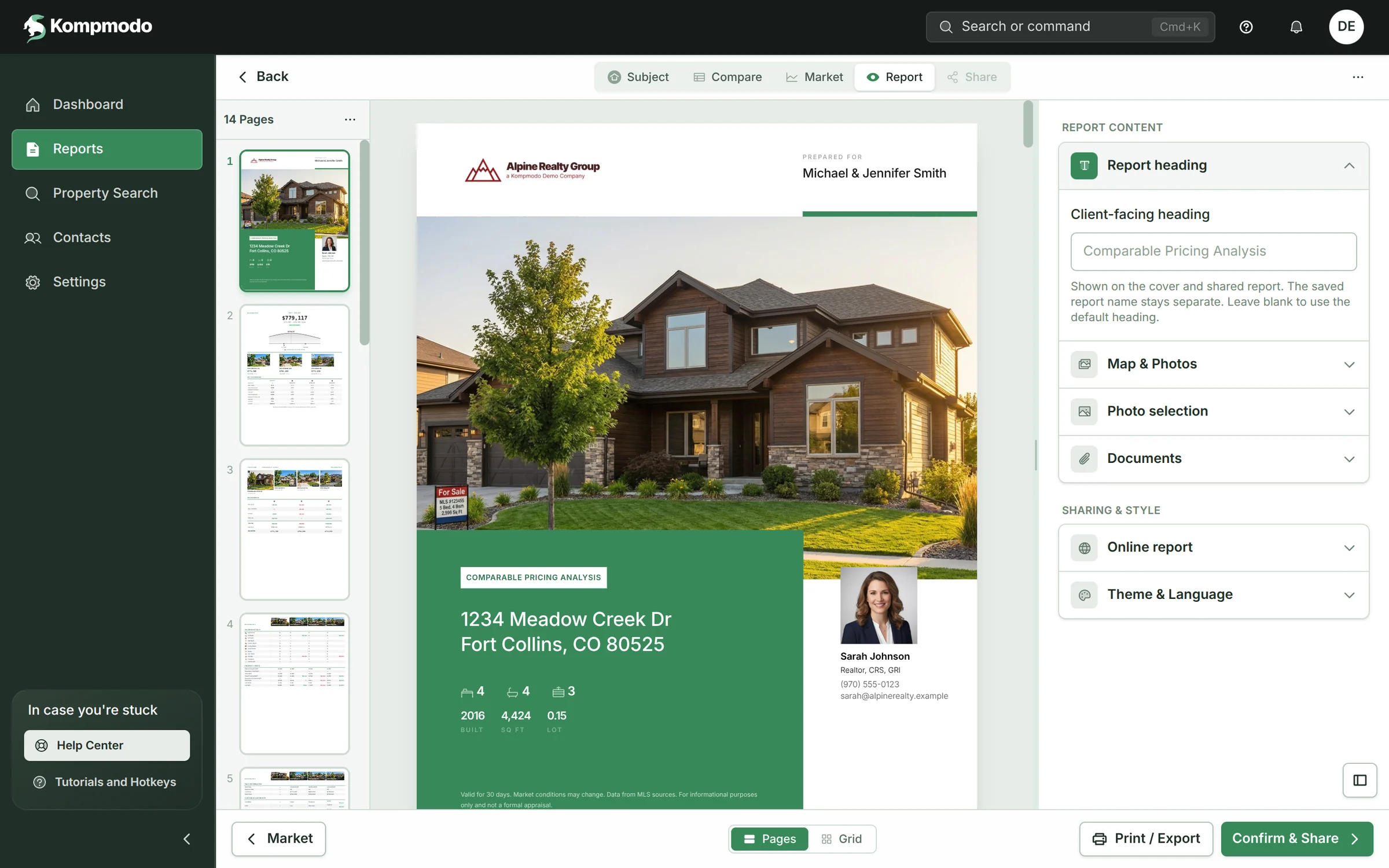 App de Kompmodo, editor de informes: un informe de 14 páginas para 1234 Meadow Creek Dr con miniaturas, la portada con la marca de Sarah Johnson y la configuración del contenido.